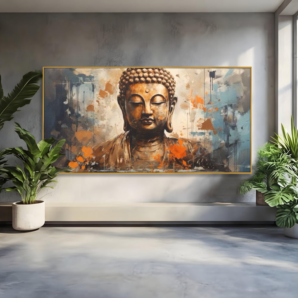 Tablou canvas cu tablou canvas cu bustul lui buddha, in rama de aluminiu auriu